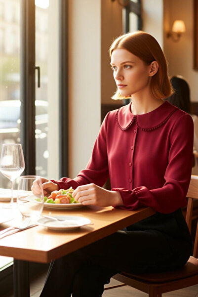 PayBuy Women's Peter Pan collar Pompom Detailed Woven Shirt Is a Must-Have in Your Wardrobe with Its Timeless Design