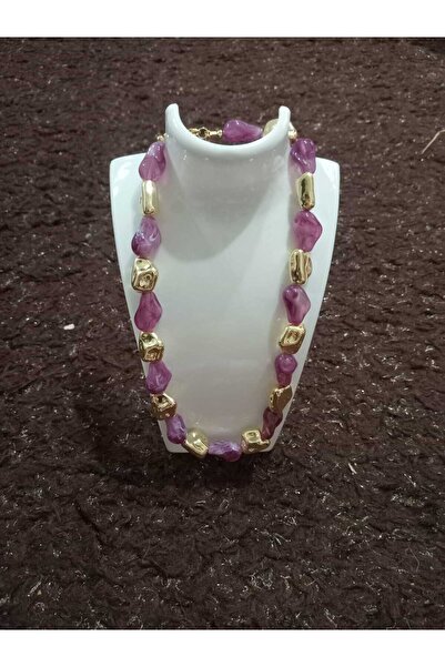 golden takış Purple Lameli Shiny Bead Necklace