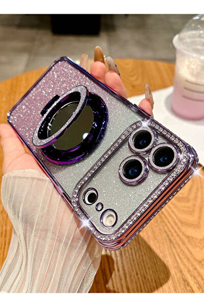 Generic Magnetic Glitter Case for iPhone 17 Pro Max，Makeup Mirror Holder，Diamond Edge，Gradient Luxury Cover