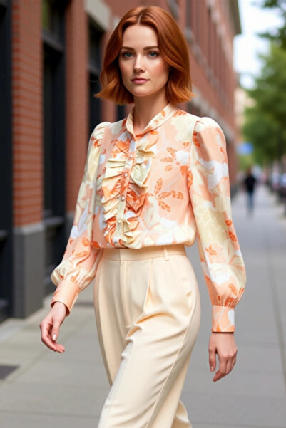 PayBuy Women's Floral Print Ruffle Detail Mock Neck Long Sleeve Regular Fit Woven Shirt Current Fashion