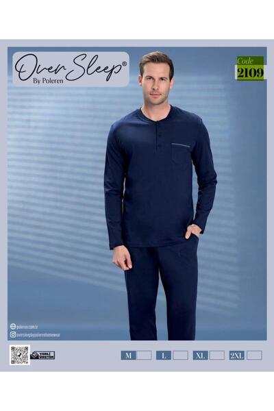 Over Sleep by Poleren Over sleep 2109 navy blue half button long sleeve pajama set