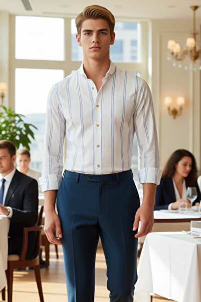 PayBuy Men's Striped Button-Down Collar Long Sleeve Slim Fit Shirt Modern Elegance Ideal Choice Everyday Comfort