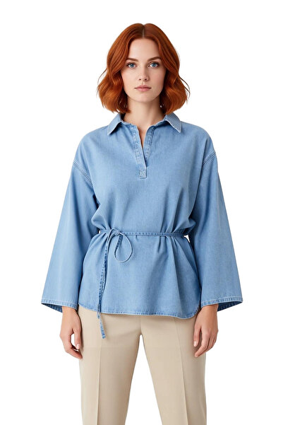 PayBuy Women's Oversized Loose Fit Denim Shirt with Tie Detail City Style Comfortable and Modern Clothing Option