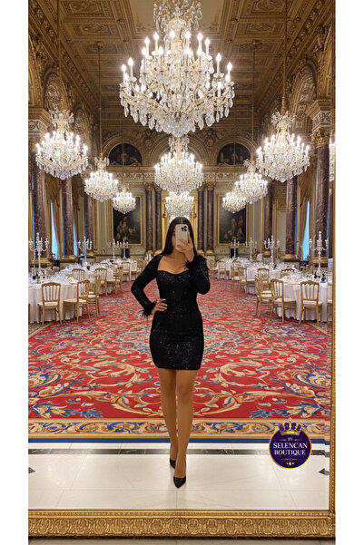 SELEN CAN BOUTIQUE Otriş Detaylı Payetli Siyah Öpücük yaka Elbise