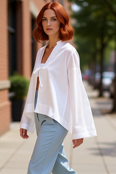 PayBuy Women's Summer Woven Tie Detail Cotton Long Sleeve Beach Top Lightweight and Stylish Look Sport