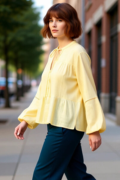 PayBuy Women's Tie-Up V-Neck Long Sleeve Woven Blouse Relaxed Fit Textured Fabric Casual Style Aesthetic