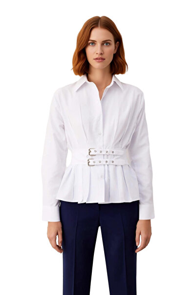 PayBuy Women's Belt Detailed Pleated Long Sleeve Shirt with Fitted Waist Offers Modern Elegance and All-Day Comfort