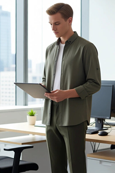 PayBuy Men's Linen Look Buttoned Collar Epaulette Detailed Slim Fit Long Sleeve Summer Cotton Shirt