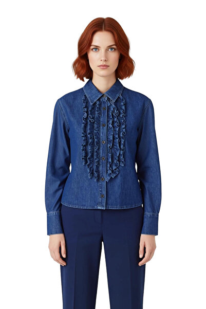 PayBuy Women's Ruffled High Neck Denim Shirt Functional Durable Quality Comfortable Aesthetic Stylish
