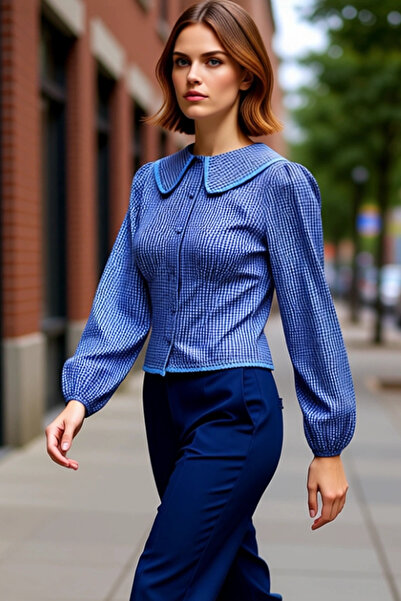 PayBuy Femei tinere guler tip Peter Pan Cămașă cu mânecă lungă, cu talie în carouri, detaliată, funcțională, durabilă, elegantă