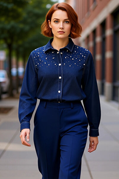 PayBuy Women's Plus Size Stone Embroidered Denim Shirt Combines Timeless and Comfort Functional Stylish