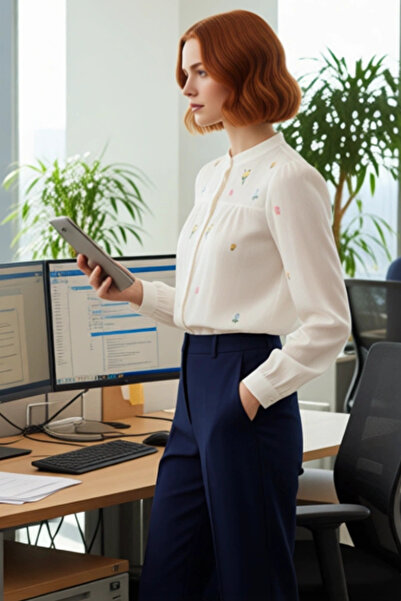 PayBuy Women's Floral Embroidery Detailed Mock Neck Long Sleeve Cotton Woven Shirt Casual Elegance Quality