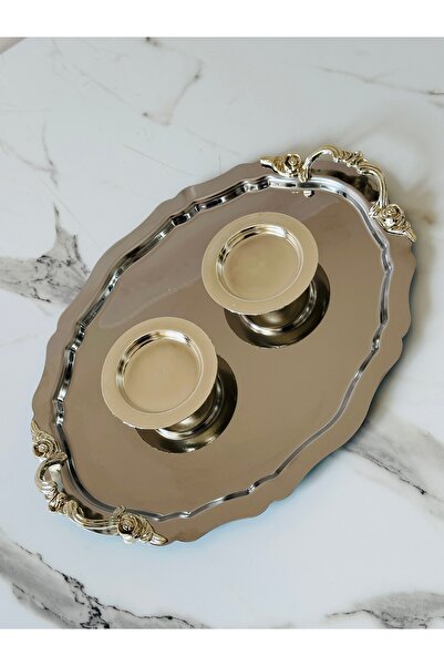 Melinda Lunea 2-Piece Silver Handled Oval Coffee and Promise Tray - Ring Holder Set (20X25Cm)