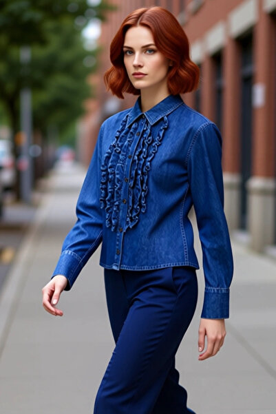 PayBuy Women's Ruffled High Neck Denim Shirt Functional Durable Quality Comfortable Aesthetic Stylish