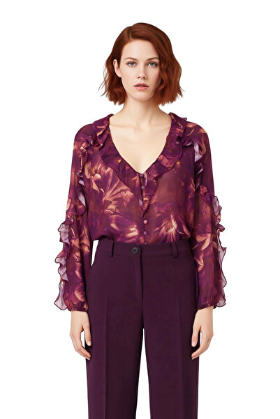 PayBuy Women's Chiffon Woven Floral Patterned Ruffle Detailed Long Sleeve V-Neck Shirt Elegance and Comfort