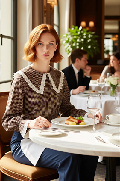 PayBuy Women's Gingham Peter Pan collar Lace Detailed Raglan Sleeve Crop Shirt Casual Elegance Functional