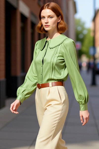 PayBuy Cămașă țesătă cu guler tip Peter Pan mâneci cu balon, cu detalii din d...