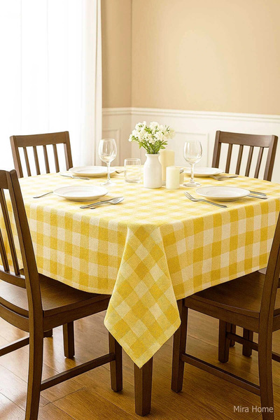 Mira Home Fiber Kareli Masa Örtüsü Sofra Bezi Ekose Desen 160x160 Cm Sarı