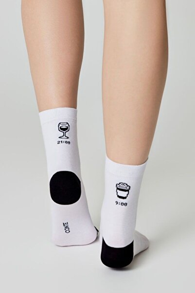 Conte Elegant Funny cotton socks, with "Сafea&Vin" pattern, Conte Happy 611 - Black-White, 36-39 (23-25)