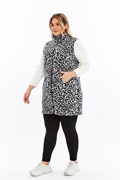 Nehir tekstil Mock Neck Kangaroo Pocket Long Fleece Leopard Vest