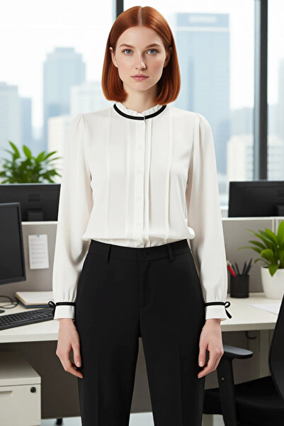 PayBuy Women's Satin Piped Detail Mock Neck Shirt Functional Durable Quality Comfortable Aesthetic Stylish