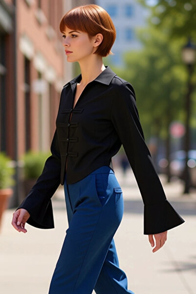 PayBuy Kadın Büzgü Detaylı Crop Gömlek Modern Şıklık Uzun Kollu Tasarım Fonks...