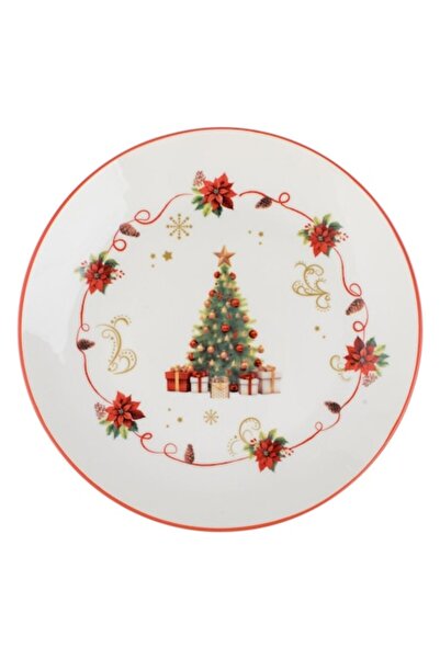 OEM White porcelain Christmas plate with tree and gifts design ø19cm
