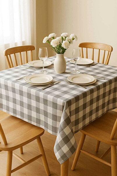 Mira Home Fiber Checkered Tablecloth Table Cloth Plaid Pattern 160X160 cm Gray