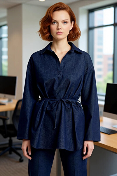 PayBuy Women's Oversized Denim Tunic Shirt Lace-Up Functional Durable Quality Comfortable Aesthetic