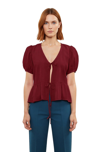 PayBuy V-Neck Short Sleeve Woven Blouse with Tie Detail Women's Summer Adds a Modern Touch Bold