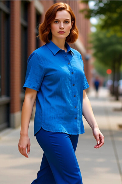 PayBuy قميص نسائي قصة مريحة بأكمام قصيرة من الموسلين المنسوج ذو اللون الموحد، مناسب لأيام الصيف، مريح وعملي للرياضة