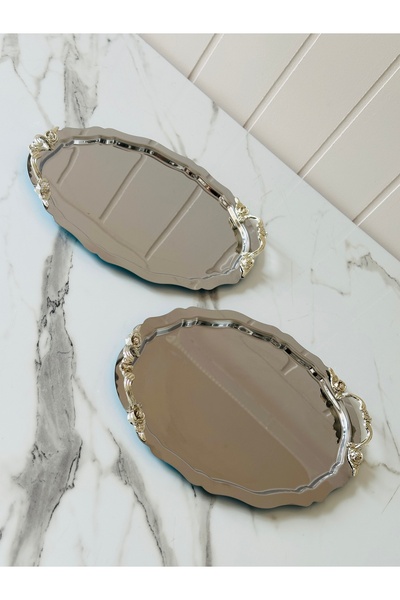 Melinda Lunea 2-Piece Oval Presentation Serving Tray with Silver Handles (20X25Cm)