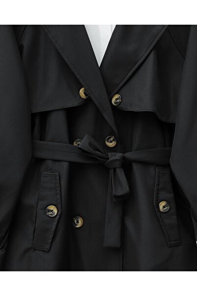 Modamorfo Omzu Epaulet Double Buttoned Bolero Pocketed Belted Trench Coat -Black