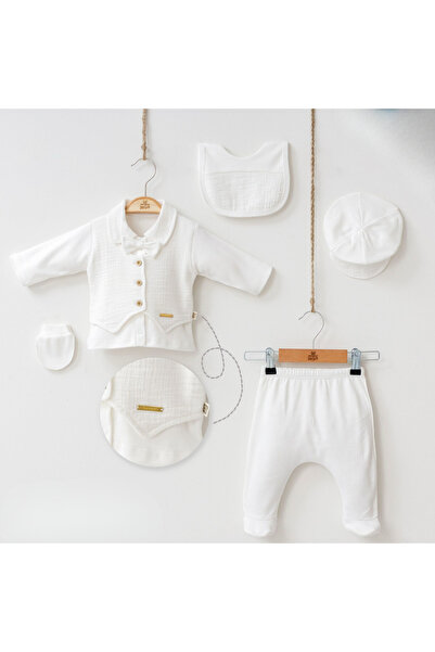 Ozz Baby Newborn Baby Boy Vest with Detailing Muslin 5-Piece Hospital Release Zibin Set