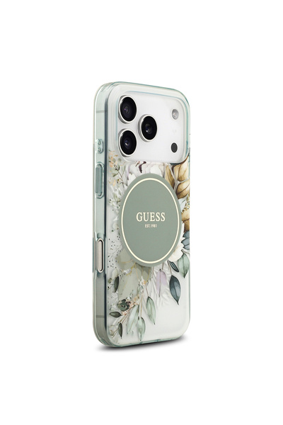 Guess iPhone 17 Pro Compatible Case Original Licensed M-Safe Featured Flower Tonal Circle Cover Green