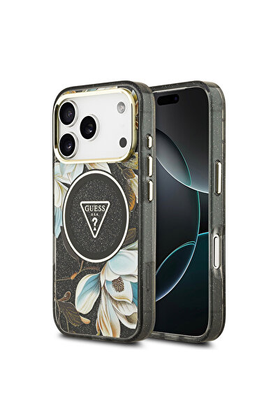 Guess iPhone 17 Pro Max Case Licensed M-Safeli Glittery Floral Pattern Metal Camera Frame Black