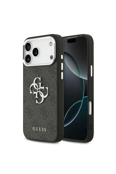 Guess iPhone 17 Pro Max Kılıf Lisanslı Gümüş Kamera Çerçeveli 4G Desen Büyük ...