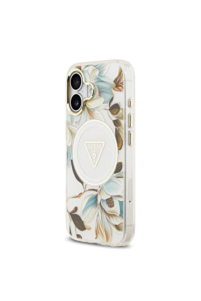 Guess iPhone 17 Case Licensed M-Safeli Glittery Floral Pattern Metal Camera Frame Triangle Logo White