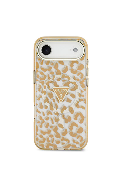 Guess iPhone 17 Air Compatible Case Licensed M-Safeli Triangle Logo Glitter Leopard Pattern Brown