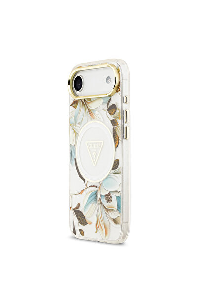 Guess iPhone 17 Air Case Licensed M-Safeli Glittery Floral Pattern Metal Camera Frame Cover White