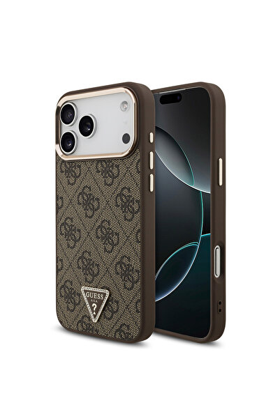 Guess iPhone 17 Pro Max Compatible Case Licensed M-Safeli Stone Triangle Logo 4g Patterned Cover Brown