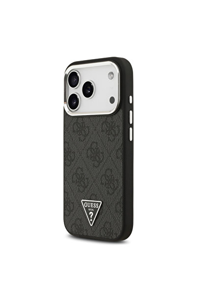 Guess iPhone 17 Pro Case Licensed M-Safeli Silver with Camera Frame Triangle Logo 4g Patterned Black