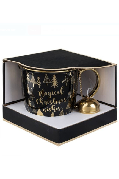 NBPRINT New Bone Black Christmas Mug Set with Golden Handle "Merry Christmas" & Infuser 600ml