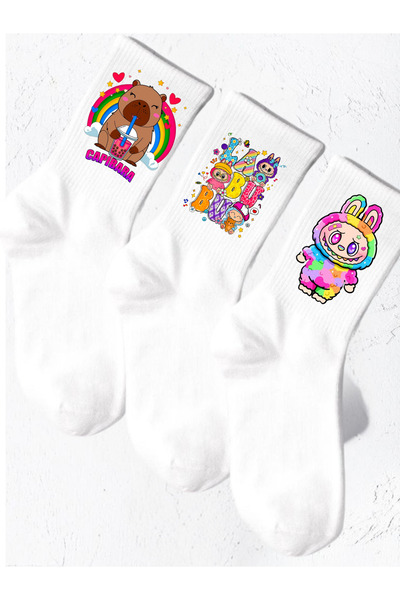 Tubinyoo Labubu & Capybara Printed White School Socks