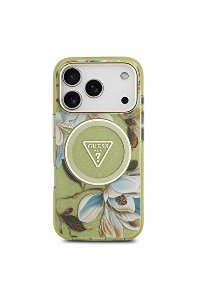 Guess iPhone 17 Pro Max Case Licensed M-Safeli Glittery Floral Patterned Green with Metal Camera Frame