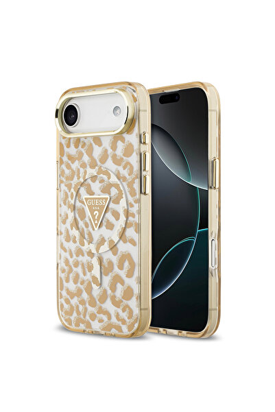 Guess iPhone 17 Air Compatible Case Licensed M-Safeli Triangle Logo Glitter Leopard Pattern Brown