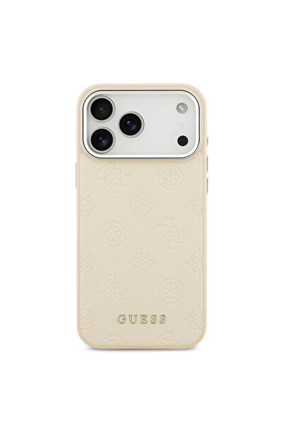 Guess iPhone 17 Pro Max Case Licensed M-Safeli Hot Printed Classic Lettering Logo Pu Leather Peony Beige