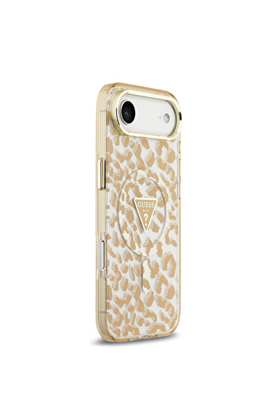 Guess iPhone 17 Air Compatible Case Licensed M-Safeli Triangle Logo Glitter Leopard Pattern Brown