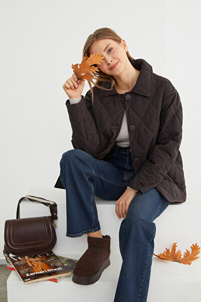 Fulla Moda Baklava Pattern Quilted Oversized Button Coat