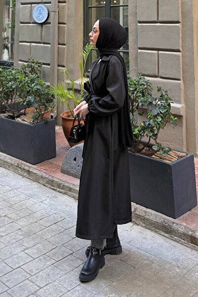 lamelif Trench Coat with Elastic Sleeves Black